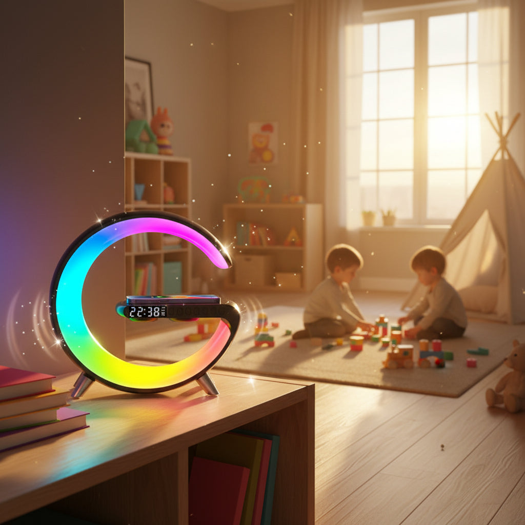 G Shaped LED Lamp with Bluetooth Speaker & Wireless Charger